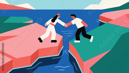 Illustration Of Two Characters On Separate, Stylized Landmasses Reaching Out To Hold Hands Across A Small Body Of Water Or A Gap Vector Design Template