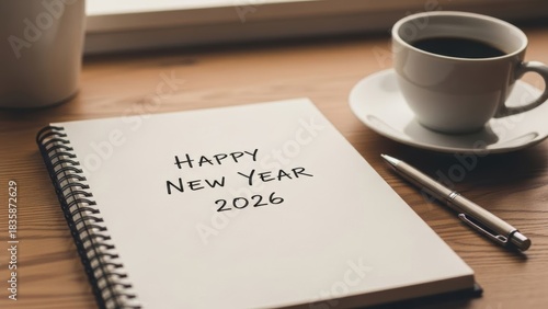 Happy New Year 2026 Written in a Notebook with Coffee and Pen on a Wooden Desk