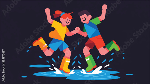 Illustration Of Two Children Or Two Adults Gleefully Jumping In A Puddle Together, Splashing Water Everywhere Vector Design Template
