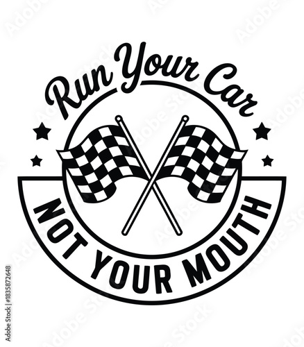 Motivational racing sticker with checkered flags and bold text
