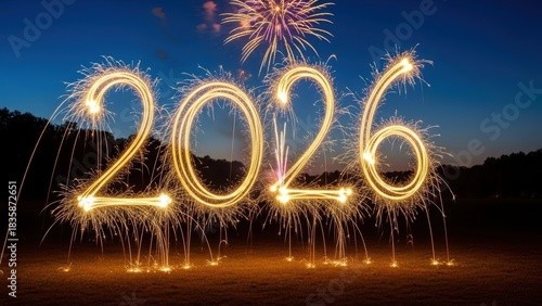 Happy New Year 2026 Message Formed by Sparklers and Fireworks Against a Night Sky