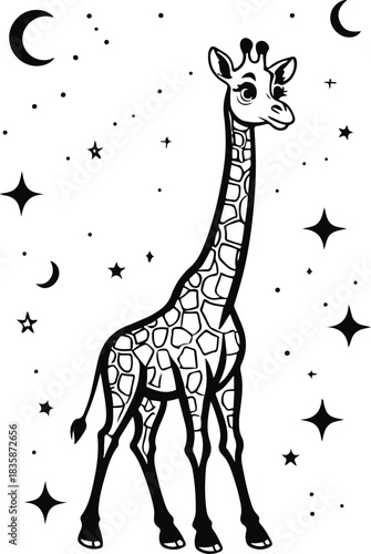 Stylized contour of a giraffe looking upward at stars, combining minimal cosmic symbols and smooth outlines