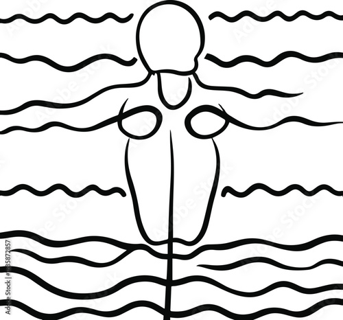 Stylized swimmer seen from above, defined by two parallel strokes and rhythmic wave patterns for a serene composition 3