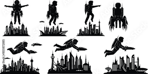 Futuristic jetpack silhouettes flying above diverse global city skylines, urban mobility innovation, modern architecture, personal flight technology, science fiction concept illustration
