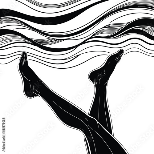 Continuous line illustration of legs kicking underwater, paired with gently tapering wave lines above 1