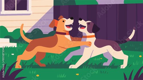 Illustration Of Two Dogs Of Different Breeds Playfully Wrestling In A Grassy Backyard, Their Expressions Full Of Joy Vector Design Template