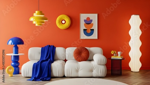 Colorful Retro Pop Living Room Interior with Orange Walls and Blue Accents