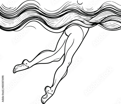 Continuous line illustration of legs kicking underwater, paired with gently tapering wave lines above 3