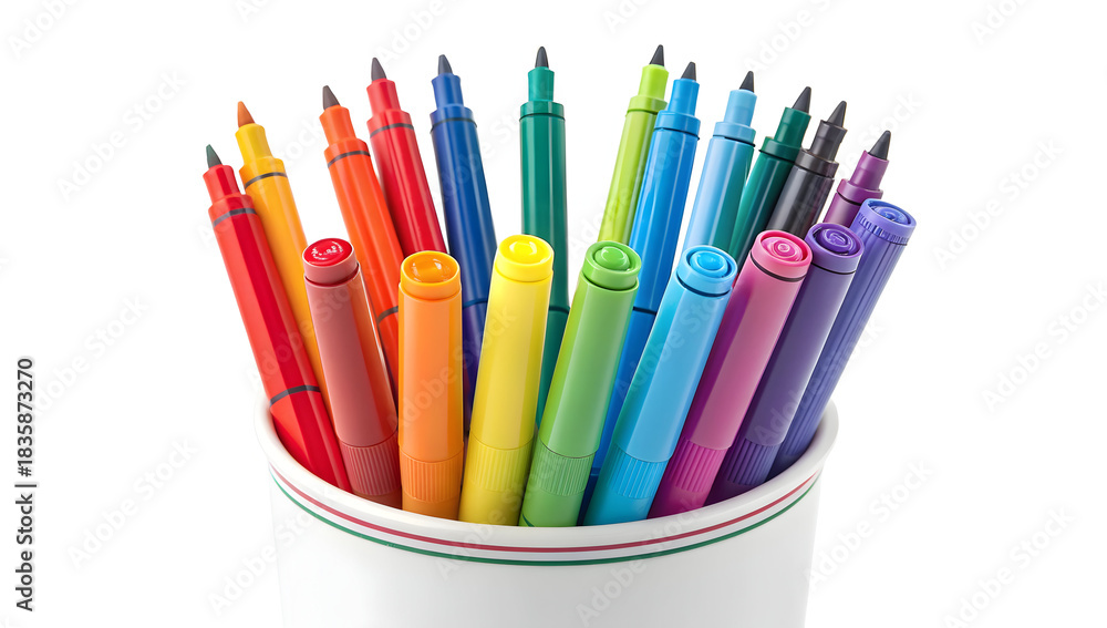 Fototapeta premium Multicolored felt tip marker pens standing upright in a white ceramic container isolated against a pure white background
