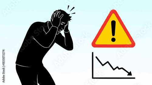 Man in distress with warning sign and downward graph.
