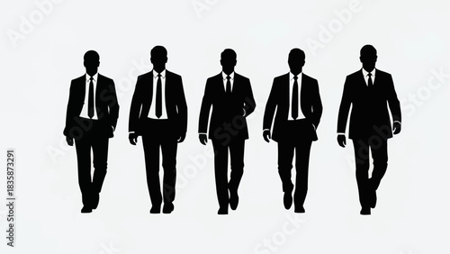 Silhouettes of five businessmen walking in suits and ties.