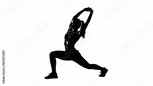Silhouette of a female athlete stretching in a lunge pose with arms raised.