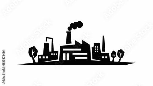 Silhouette of Industrial Factory with Smoke Stacks and Trees.
