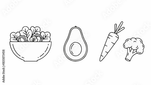 Healthy Eating Line Art Collection - Salad, Avocado, Carrot, and Broccoli.