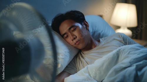 Man sleeps with fan during hot weather and using white sheets and pillow