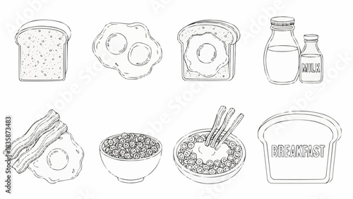 Hand drawn collection of various breakfast food items sketch.