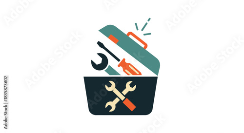 Stylized illustration of an open toolbox filled with various hand tools like wrenches and a screwdriver, representing repair and maintenance services isolated on