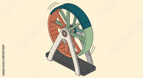 Illustration of a colorful hamster wheel or exercise wheel mounted on a stand against a plain, light background, suggesting motion and activity