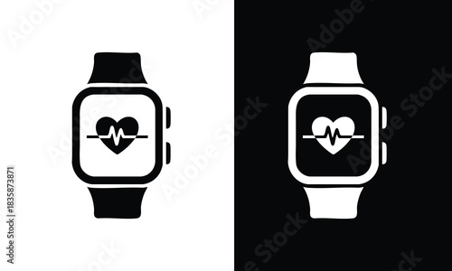 Smart Watch with Heartbeat Icon, Health and Fitness Smartwatch Icon, Wearable Technology Pulse Monitor Graphic, Black and White Heart Rate Monitor Icon, silhouette, vector, illustration.