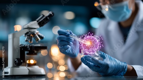 Focused cancer research in a modern innovation laboratory with a faceless scientist analyzing advanced treatment development and exploring future healthcare solutions in a clean clinical environment.
