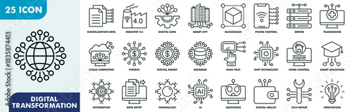 Digital Transformation Icon Set Collection. Consist Of Digitalization Data, Industry 4.0, Digital Data, Smart City, Phone Control, Server, Telemedicine. Simple Outline Vector Illustration