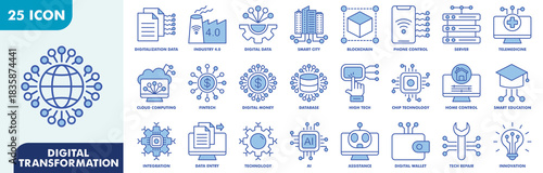 Digital Transformation Icon Set Collection. Consist Of Digitalization Data, Industry 4.0, Digital Data, Smart City, Phone Control, Server, Telemedicine. Simple Vector Illustration