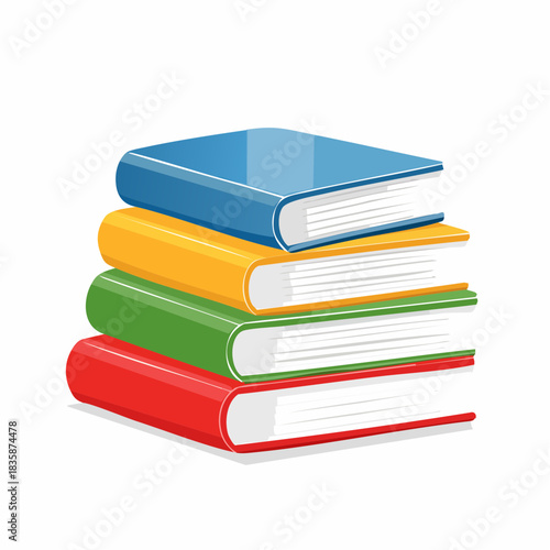 A stack of four colorful books, neatly piled on top of each other, with white pages visible and distinct spines