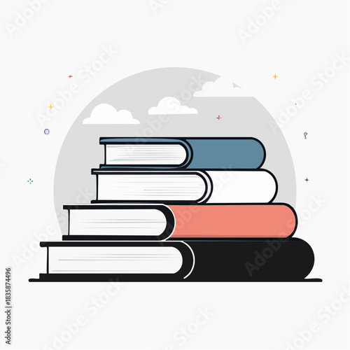 A stack of five open and closed books illustrating the joy of learning and knowledge acquisition through literature and study materials