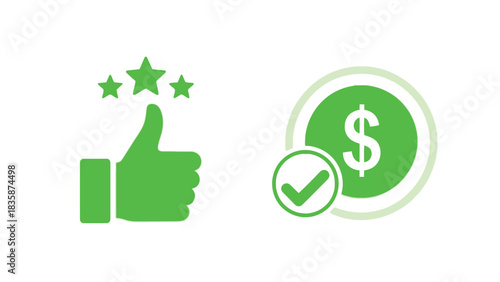 Vector illustration of Green thumbs up with stars and dollar coin with checkmark vector icon for finance and business isolated on white background