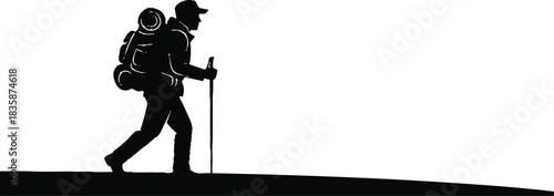 Hiker silhouette with backpack and walking stick isolated on transparent background