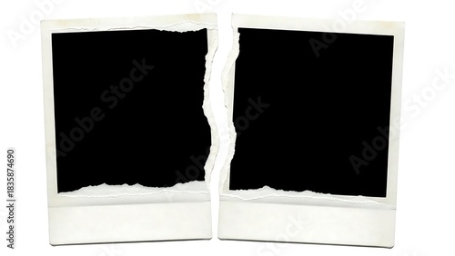 Two Torn Polaroid Photos With Black Empty Space On White Background ripped broken
