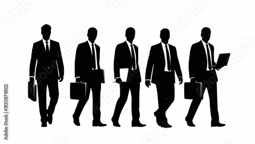 Silhouettes of businessmen walking with briefcases and laptop.