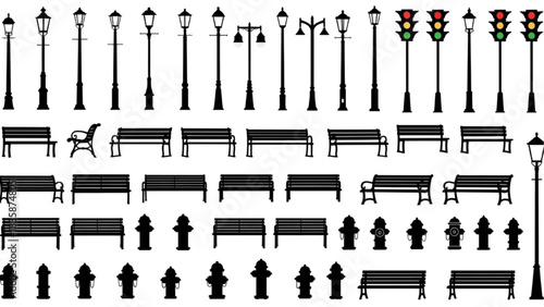 Urban Street Furniture Vector Silhouette Set Featuring Lamps, Benches, and Traffic Signals in Black Side View