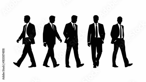 Silhouettes of five businessmen walking in various poses, depicting professional movement and corporate presence.