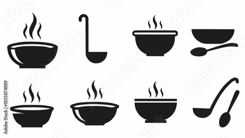 Vector icon set of hot soup bowls ladles and spoons.