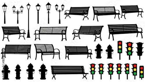 Urban Street Furniture Vector Silhouette Set Featuring Lamps, Benches, and Traffic Signals in Black Side View