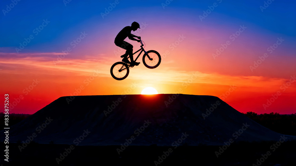 Fototapeta premium Bmx biking silhouette sunset jump extreme sport adventure lifestyle freedom challenge skill stunt rider bicycle action adrenaline sky clouds horizon sun dusk evening nature outdoor