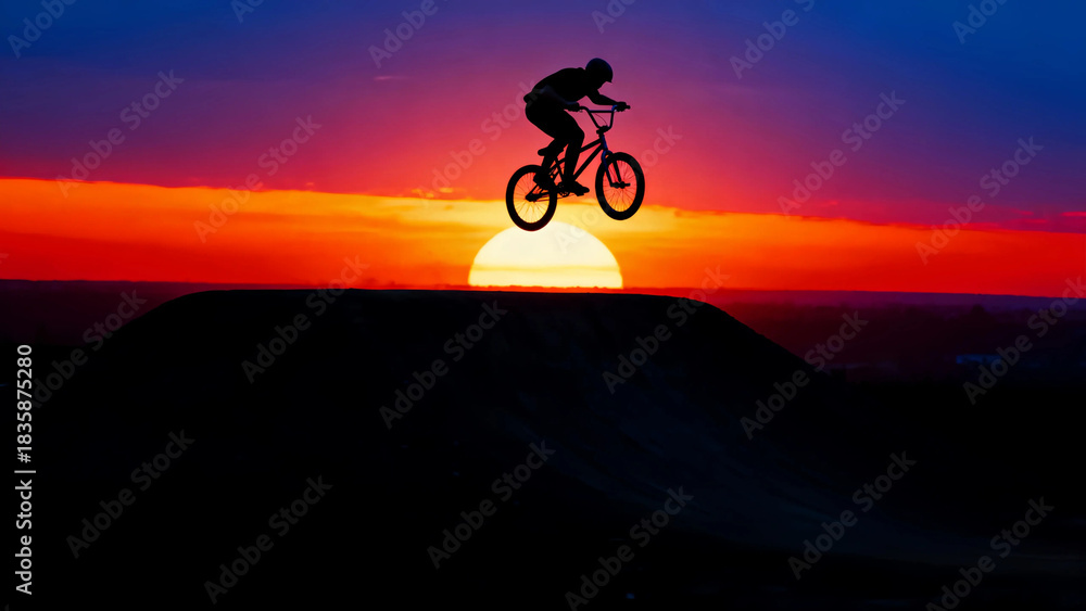 Fototapeta premium Bmx sunset silhouette jump extreme sport bike bicycle rider action adventure sky clouds sun dusk dawn freedom challenge skill adrenaline outdoor lifestyle competition trick