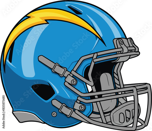 Football helmet illustration, blue and yellow Chargers design, cartoon NFL gear vector, sports branding sketch, team identity concept