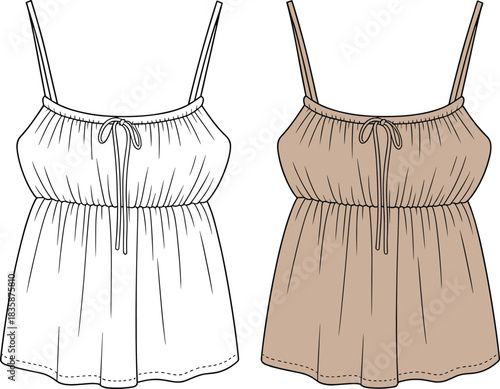 Women’s spaghetti strap top flat sketch, sleeveless drawstring neckline, casual summer blouse design, fashion technical drawing, vector apparel illustration, clothing outline template