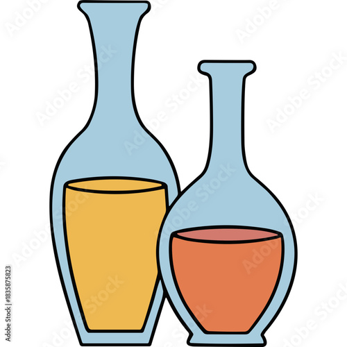 Two Light Blue Glass Vases Holding Yellow And Orange Liquids On A Black Background Simple Minimalist Design