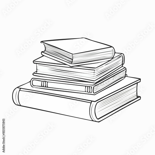 A stacked pile of hardcover books, intricately drawn in a minimalist black and white sketch style, perfect for educational and literary themes