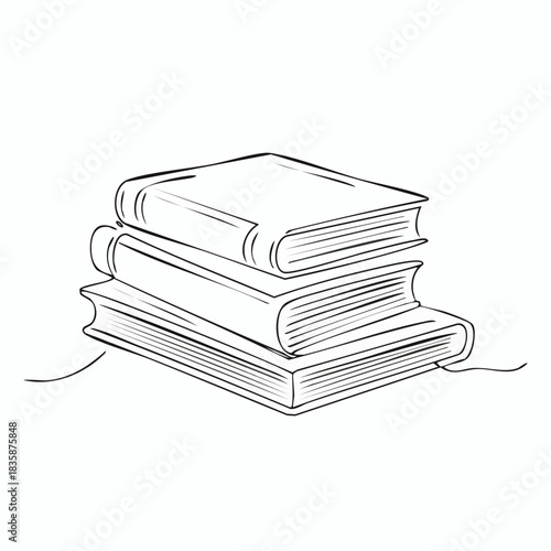 Monochromatic continuous line drawing illustrating a balanced stack of books, a timeless emblem for the pursuit of knowledge, academic study, and the pleasure of literary discovery