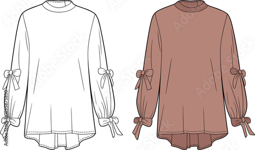 Women's blouse flat sketch with bow sleeve design, fashionable tunic top illustration, elegant long sleeve garment drawing for design reference