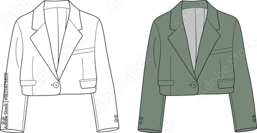 Women's cropped blazer jacket flat sketch with long sleeves, single-button closure, fashion vector garment design template for apparel illustration