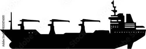 Black silhouette of a large cargo ship or freighter with loading cranes. Graphic vector illustration for global logistics, shipping, commerce, and maritime industry themes.