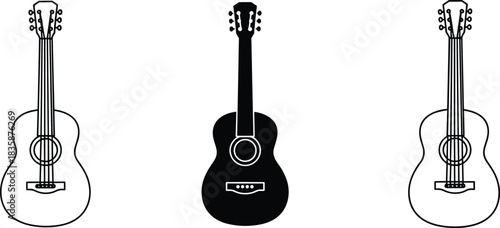 Set of acoustic guitars in black and white style, minimalist line sketch artwork, CAD drawing flat vector illustration