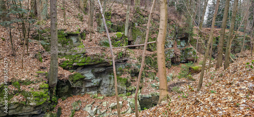 Fototapeta Naklejka Na Ścianę i Meble -  Rock formation of the Sudetes mountains in Poland, close-up. Mountain landscapes in autumn with foliage