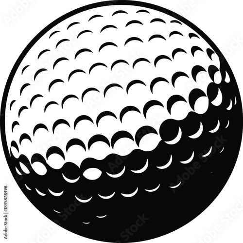 Golf ball illustration, black and white vector, dimple texture design, sports equipment sketch, minimalist style, symbolic athletic concept