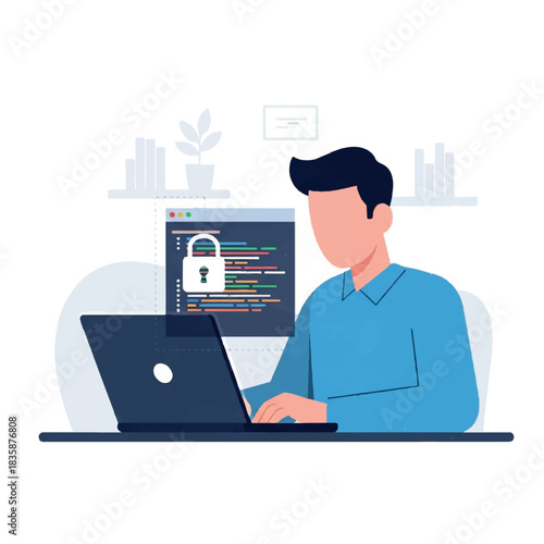 Man Working on Laptop with Secure Lock Icon